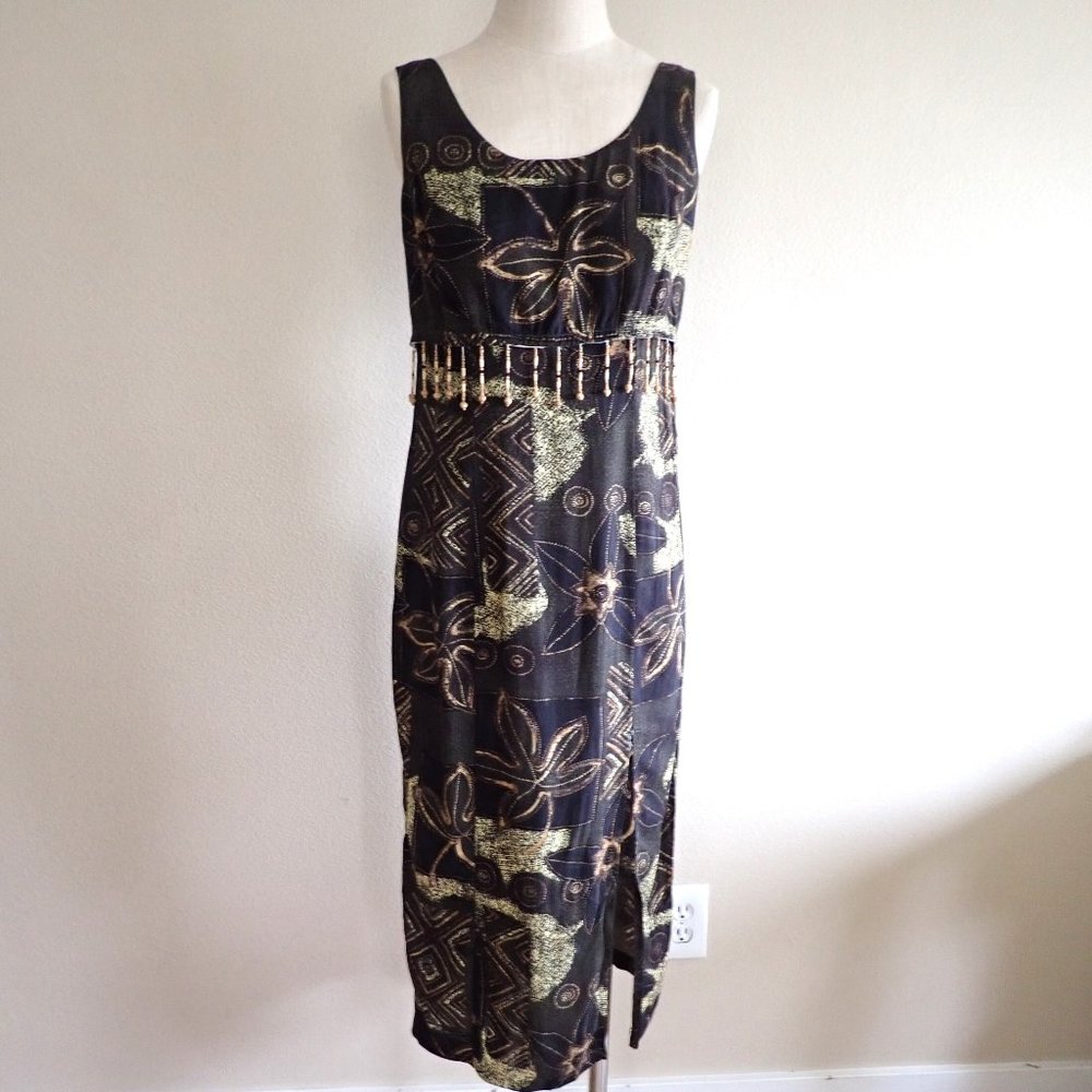 VTG All That Jazz Island Midi Dress in Brown Tropical Print S
